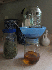 Straining an herbal oil infusion. Copyright Jill Henderson - ShowMeOz.wordpress
